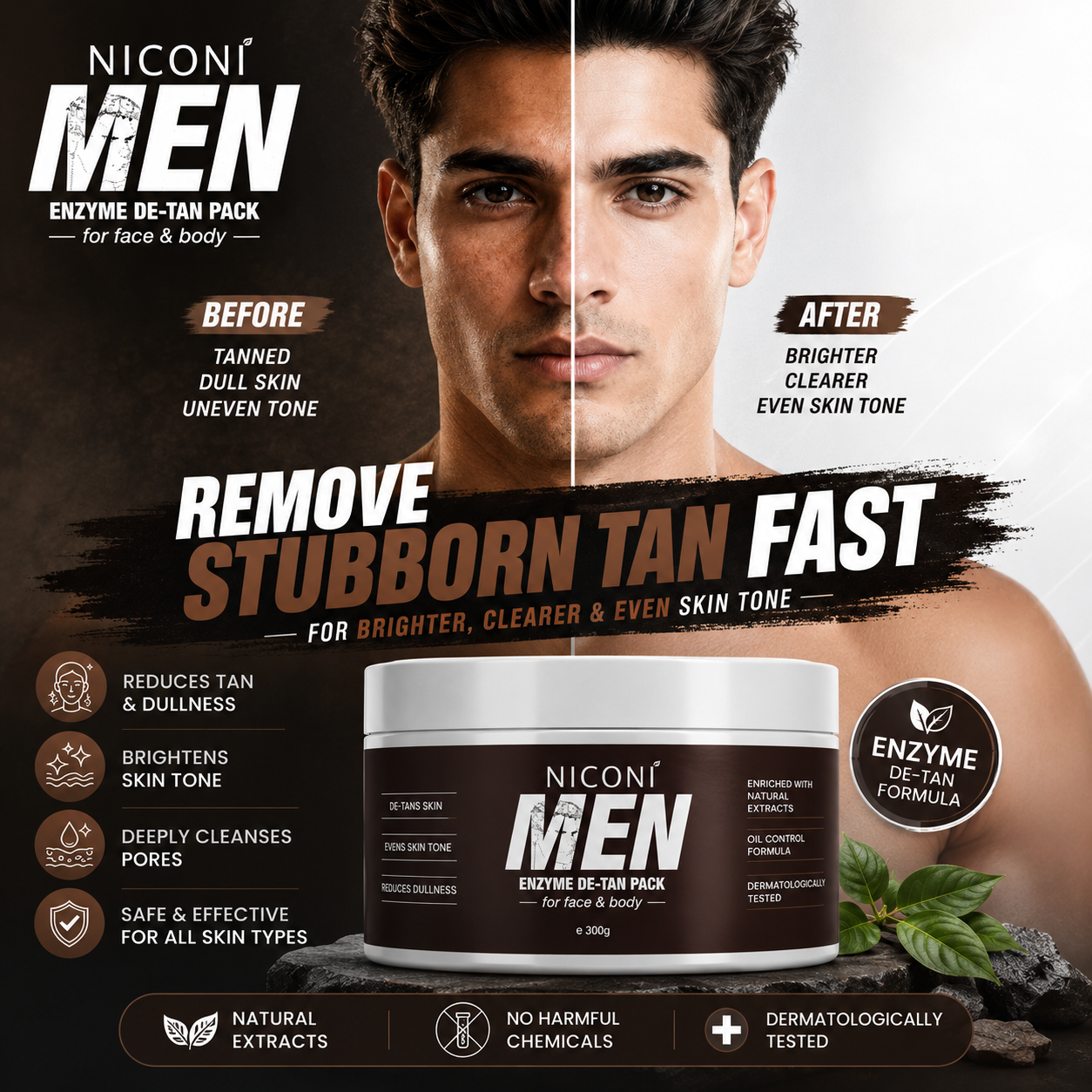 Niconi Men Enzyme De-Tan Pack – Face & Body Tan Care